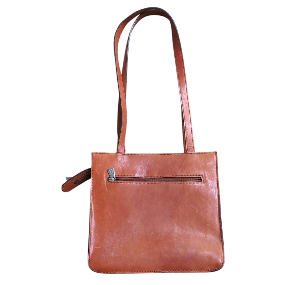 Leather Purse, Classic Brown Shoulder Bag w/ Pockets, Straps, Metallic Accents - Picture 3 of 13